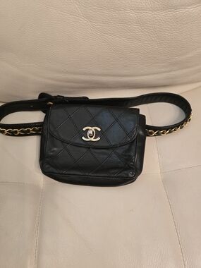Chanel Black Lambskin Leather Belt Bag with Gold Chain & COA